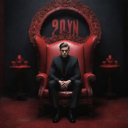 A young man in a black suit seated in an extraordinary chair, surrounded by a mysterious ambiance. Contribute to the atmosphere by incorporating 'SAYTAN' in bold red letters in the background, enhancing the scene's enigma and intrigue.