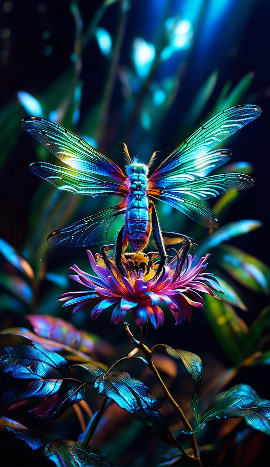 A Pulitzer Prize-winning style photograph of a bioluminescent dragonfly glowing in neon hues, perched on a luminescent exotic flower in a mystical forest.