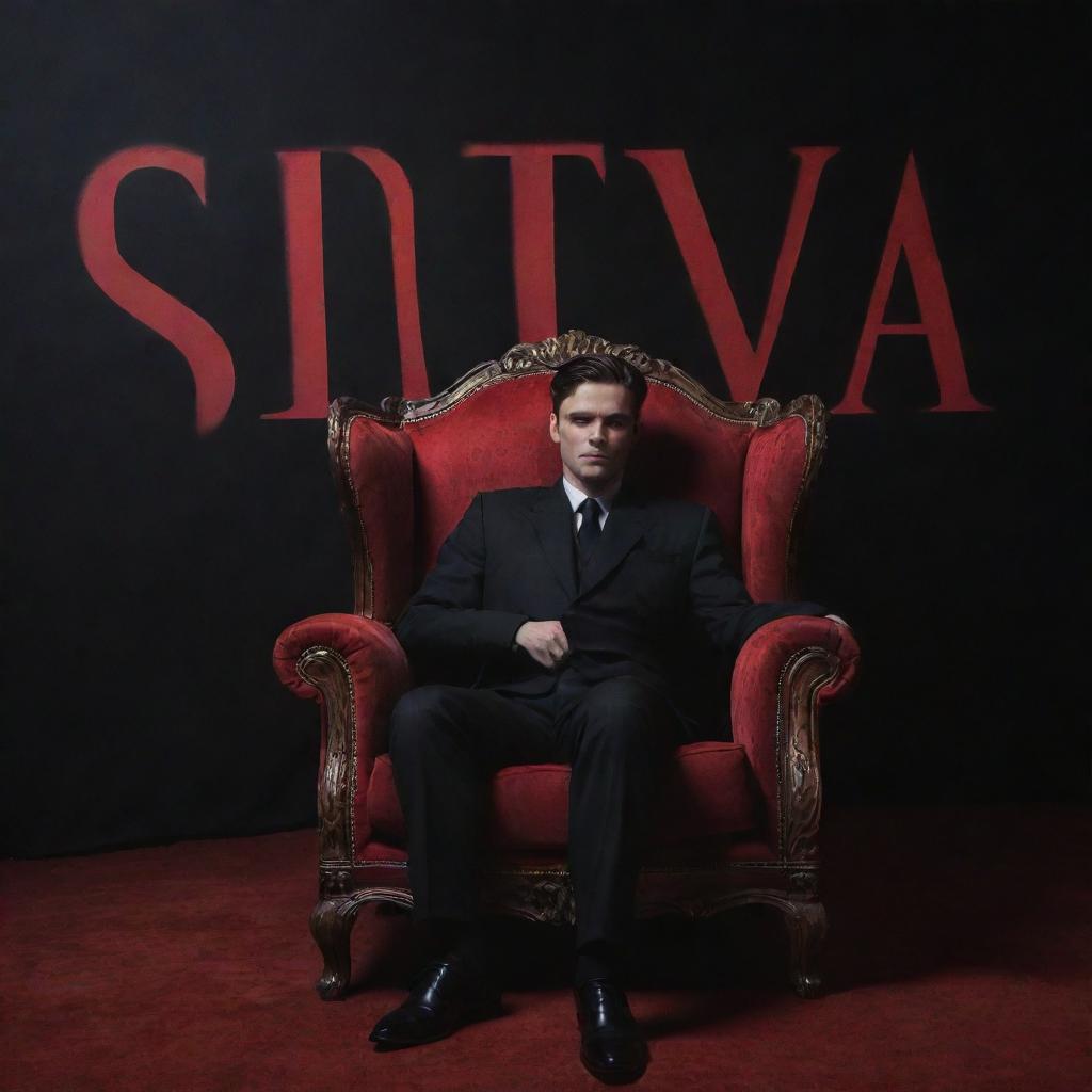 A young man in a black suit seated in an exquisite chair, engulfed by a mysterious atmosphere. The word 'SAYTAN', in bold red letters, is prominently displayed in the background, adding a layer of enigma and intrigue to the scene.