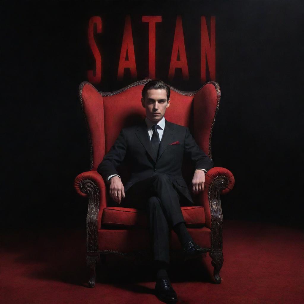 A young man in a black suit seated in an exquisite chair, engulfed by a mysterious atmosphere. The word 'SAYTAN', in bold red letters, is prominently displayed in the background, adding a layer of enigma and intrigue to the scene.