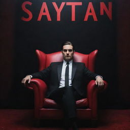 A young man in a black suit seated in an exquisite chair, engulfed by a mysterious atmosphere. The word 'SAYTAN', in bold red letters, is prominently displayed in the background, adding a layer of enigma and intrigue to the scene.