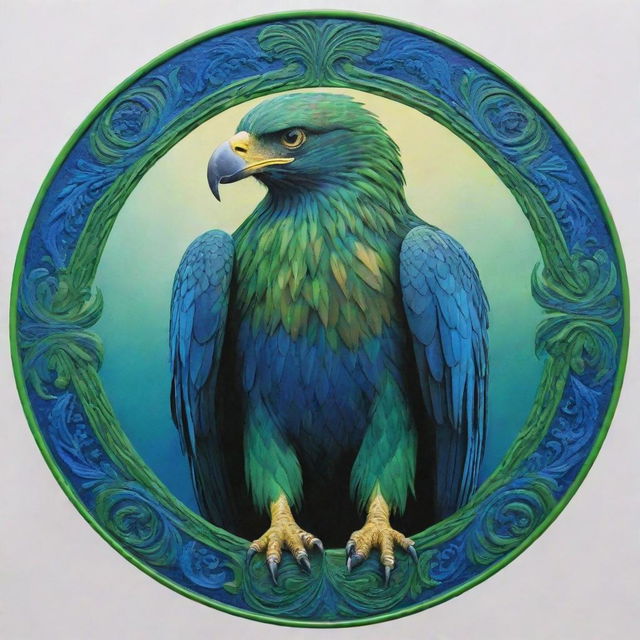 A majestic green eagle with vibrant blue details