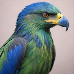A majestic green eagle with vibrant blue details