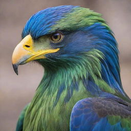 A majestic green eagle with vibrant blue details