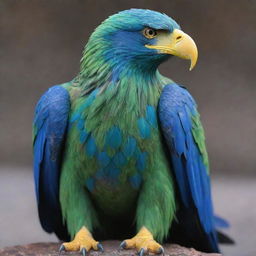 A majestic green eagle with vibrant blue details