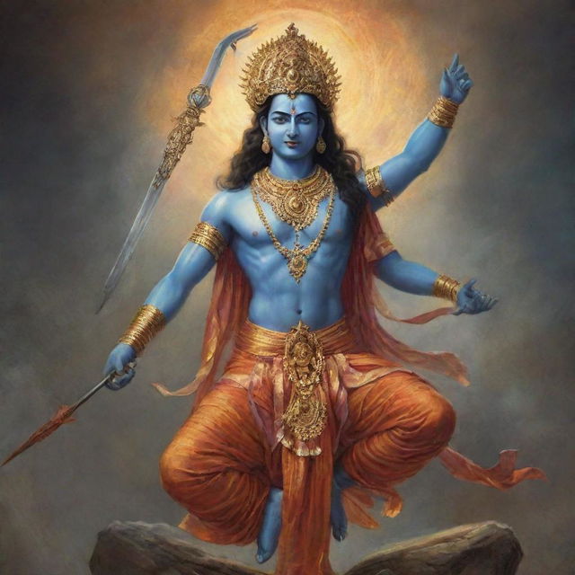 Kalki Avatar, the final incarnation of Vishnu, ending the age of Kali Yuga with a divine sword, amidst surroundings transitioning from the chaos of Kali Yuga to the peace of Satya Yuga.