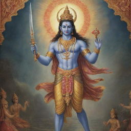 Kalki Avatar, the final incarnation of Vishnu, ending the age of Kali Yuga with a divine sword, amidst surroundings transitioning from the chaos of Kali Yuga to the peace of Satya Yuga.