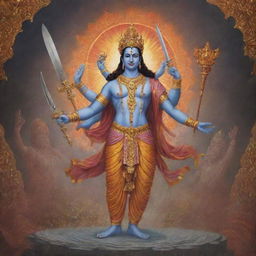 Kalki Avatar, the final incarnation of Vishnu, ending the age of Kali Yuga with a divine sword, amidst surroundings transitioning from the chaos of Kali Yuga to the peace of Satya Yuga.