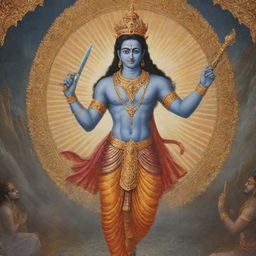 Kalki Avatar, the final incarnation of Vishnu, ending the age of Kali Yuga with a divine sword, amidst surroundings transitioning from the chaos of Kali Yuga to the peace of Satya Yuga.