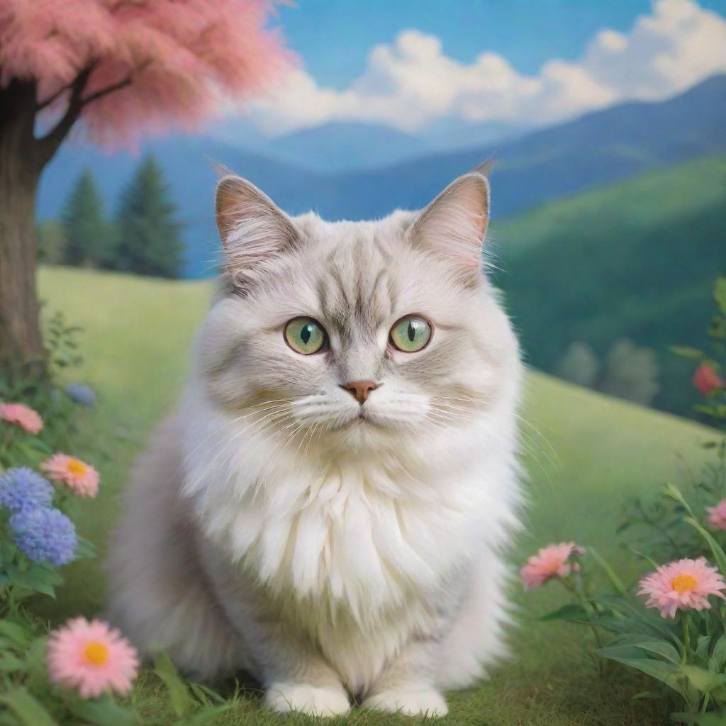 A Studio Ghibli style cat, with vibrant eyes and fluffy fur, in a whimsical, serene landscape.