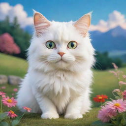 A Studio Ghibli style cat, with vibrant eyes and fluffy fur, in a whimsical, serene landscape.