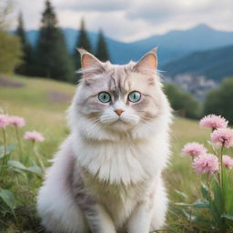 A Studio Ghibli style cat, with vibrant eyes and fluffy fur, in a whimsical, serene landscape.