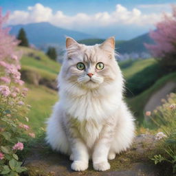 A Studio Ghibli style cat, with vibrant eyes and fluffy fur, in a whimsical, serene landscape.