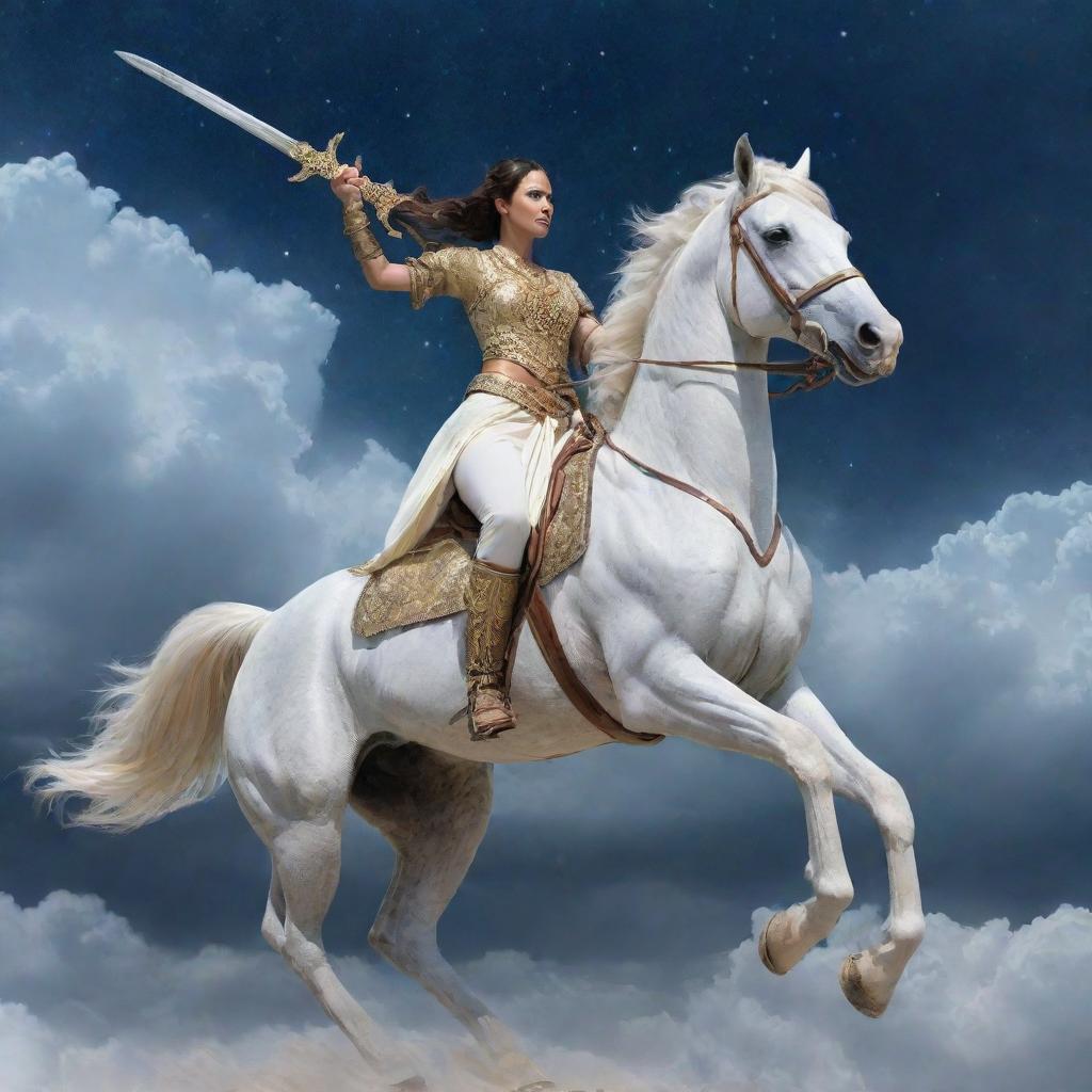 Kalki Avatar riding a white horse with a shimmering sword, against a cosmic sky with clouds swirling around