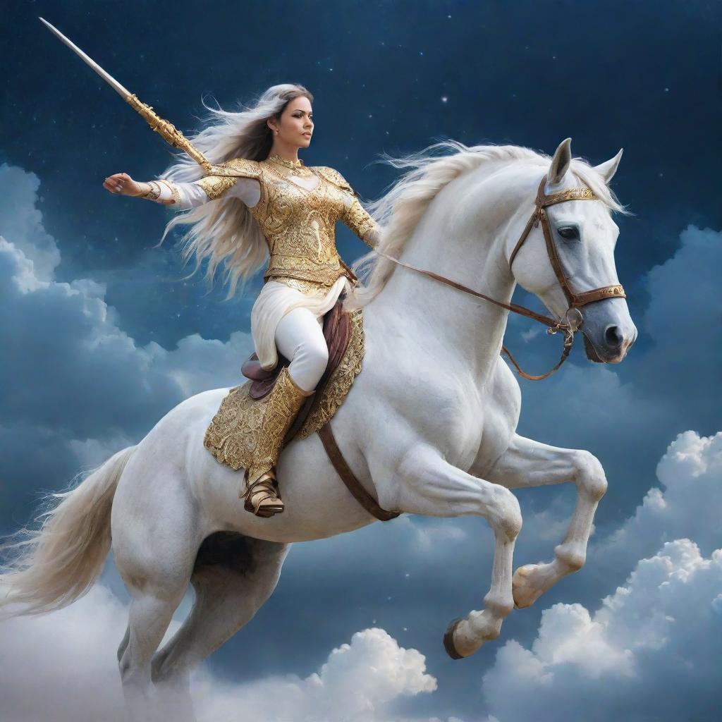 Kalki Avatar riding a white horse with a shimmering sword, against a cosmic sky with clouds swirling around