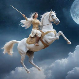 Kalki Avatar riding a white horse with a shimmering sword, against a cosmic sky with clouds swirling around