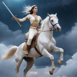 Kalki Avatar riding a white horse with a shimmering sword, against a cosmic sky with clouds swirling around