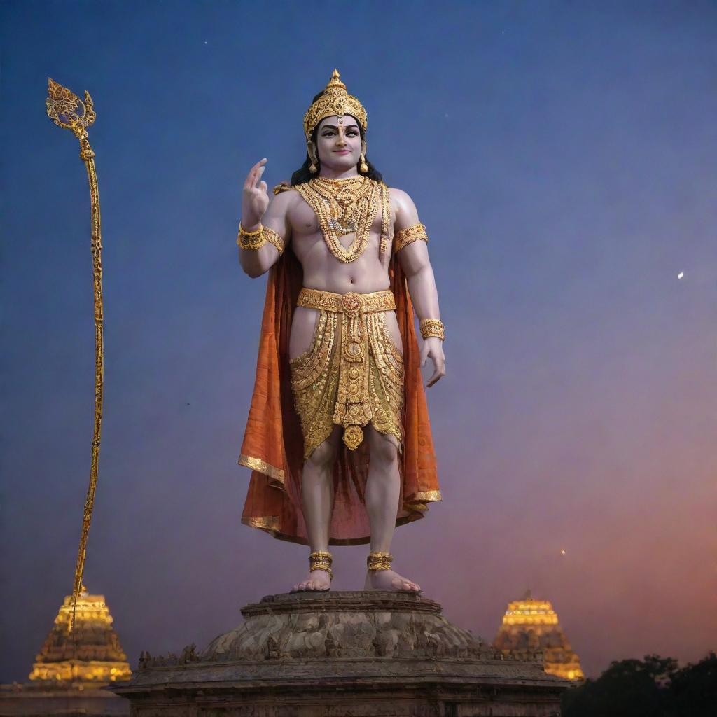 Shree Ram, adorned in royal attire, standing majestically above the Ayodhya temple, under a twilight sky.