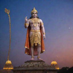 Shree Ram, adorned in royal attire, standing majestically above the Ayodhya temple, under a twilight sky.