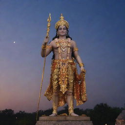 Shree Ram, adorned in royal attire, standing majestically above the Ayodhya temple, under a twilight sky.