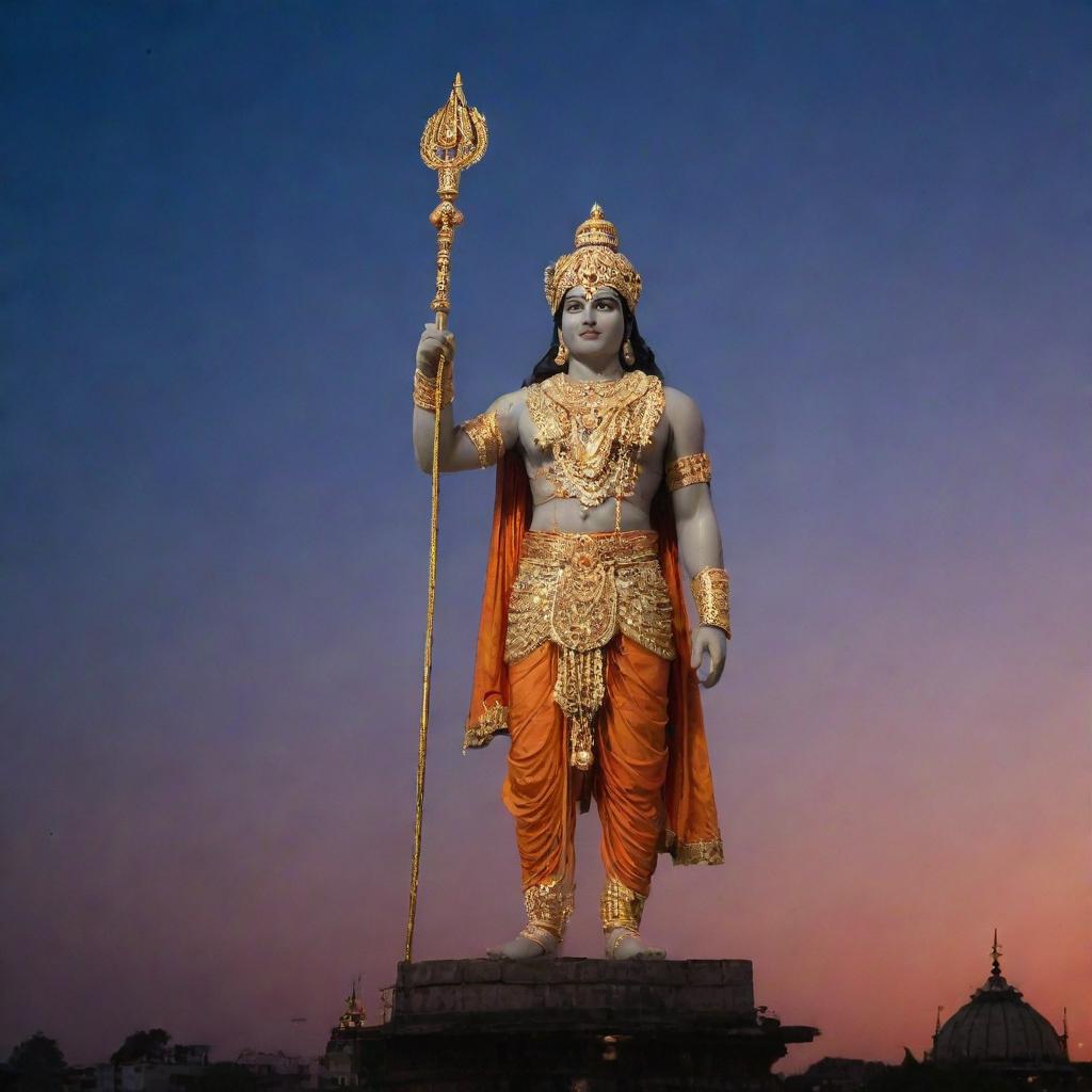 Shree Ram, adorned in royal attire, standing majestically above the Ayodhya temple, under a twilight sky.