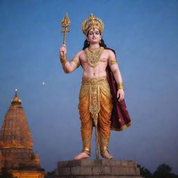 Shree Ram, adorned in royal attire, standing majestically above the Ayodhya temple, under a twilight sky.