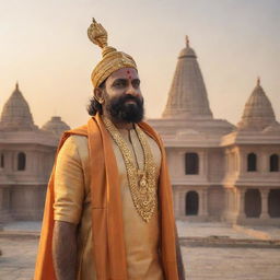 Shree Ram, donned in traditional garbs, standing powerfully behind the newly-constructed Ayodhya temple, basking in the golden glow of the afternoon sun.