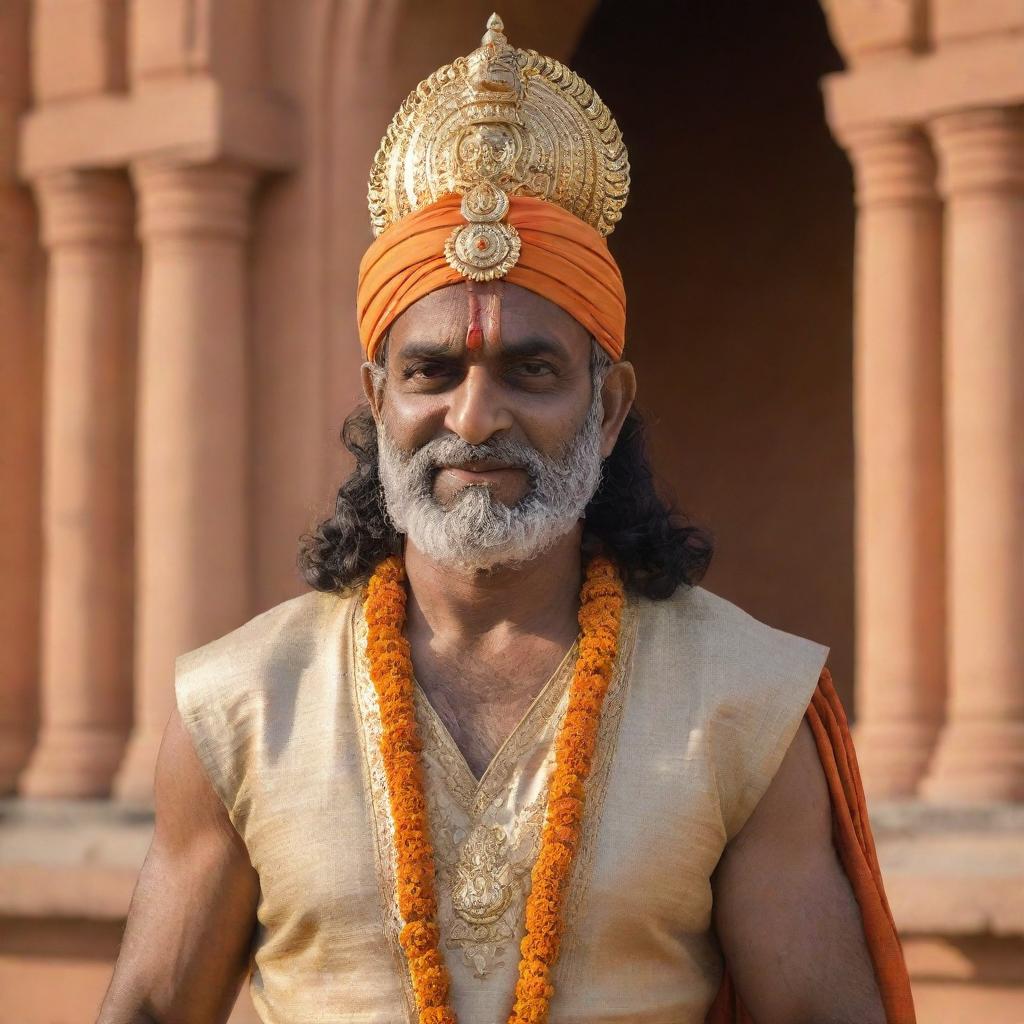 Shree Ram, donned in traditional garbs, standing powerfully behind the newly-constructed Ayodhya temple, basking in the golden glow of the afternoon sun.