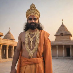 Shree Ram, donned in traditional garbs, standing powerfully behind the newly-constructed Ayodhya temple, basking in the golden glow of the afternoon sun.