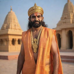 Shree Ram, donned in traditional garbs, standing powerfully behind the newly-constructed Ayodhya temple, basking in the golden glow of the afternoon sun.