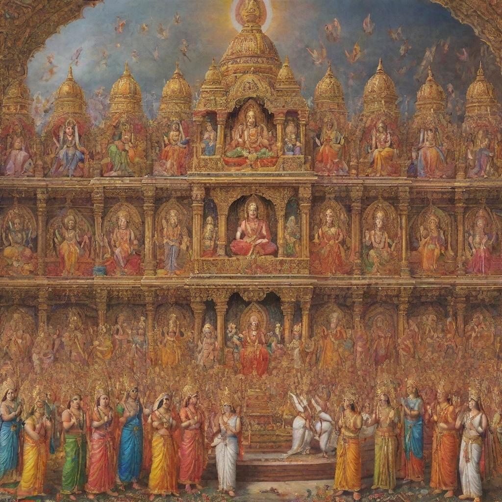 A magnificent scene of Shree Rama Pattabhishek (coronation of Lord Rama). Displaying royal times with vibrant colors, capturing Lord Rama's grandeur and the joyous celebration of his subjects.