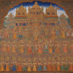 A magnificent scene of Shree Rama Pattabhishek (coronation of Lord Rama). Displaying royal times with vibrant colors, capturing Lord Rama's grandeur and the joyous celebration of his subjects.