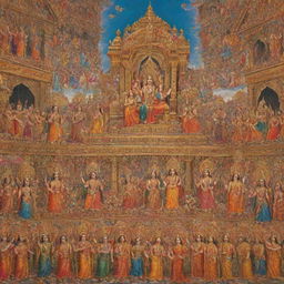 A magnificent scene of Shree Rama Pattabhishek (coronation of Lord Rama). Displaying royal times with vibrant colors, capturing Lord Rama's grandeur and the joyous celebration of his subjects.