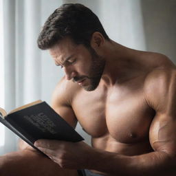 A muscular man deeply engrossed in reading a book, highlighted by soft surrounding light