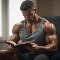 A muscular man deeply engrossed in reading a book, highlighted by soft surrounding light