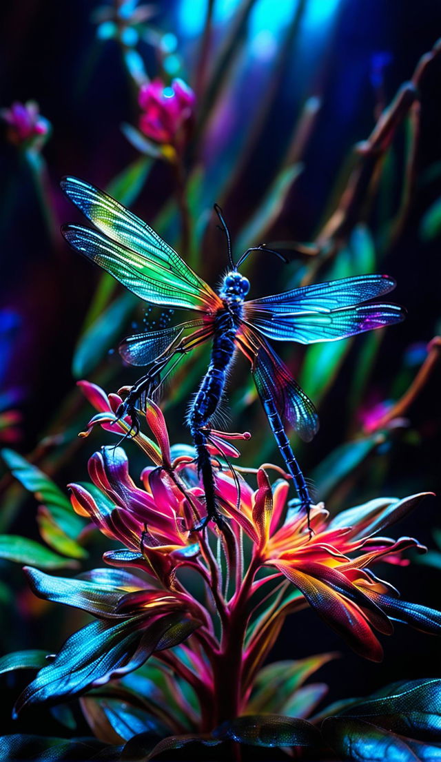 A Pulitzer Prize-winning style photograph of a bioluminescent dragonfly with symmetrical wings, perched on a luminescent exotic flower in a mystical forest.