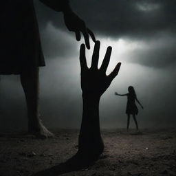 A dark, ominous hand reaching out from the earth, grabbing onto a frightened girl's leg.