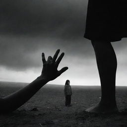 A dark, ominous hand reaching out from the earth, grabbing onto a frightened girl's leg.