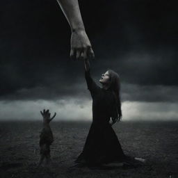 A dark, ominous hand reaching out from the earth, grabbing onto a frightened girl's leg.