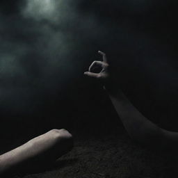 A dark, ominous hand reaching out from the earth, grabbing onto a frightened girl's leg.