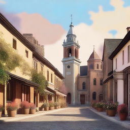 An exquisite digital art image showcasing a quaint town square, where a church stands prominently with four bells in its tower