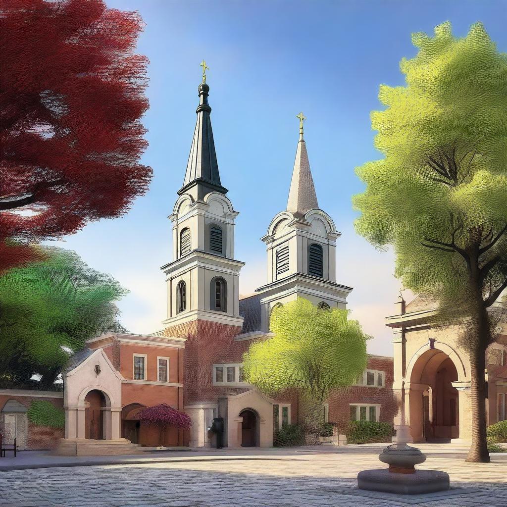 An exquisite digital art image showcasing a quaint town square, where a church stands prominently with four bells in its tower