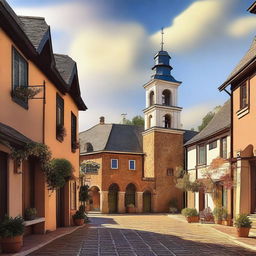 An exquisite digital art image showcasing a quaint town square, where a church stands prominently with four bells in its tower