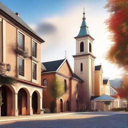 An exquisite digital art image showcasing a quaint town square, where a church stands prominently with four bells in its tower