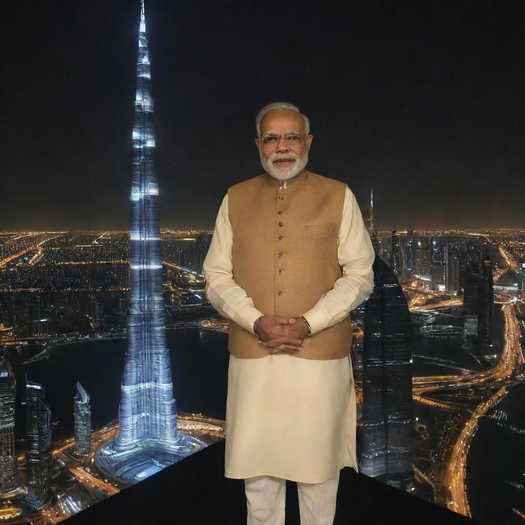 Narendra Modi depicted respectfully on Burj Khalifa with night skyline as backdrop