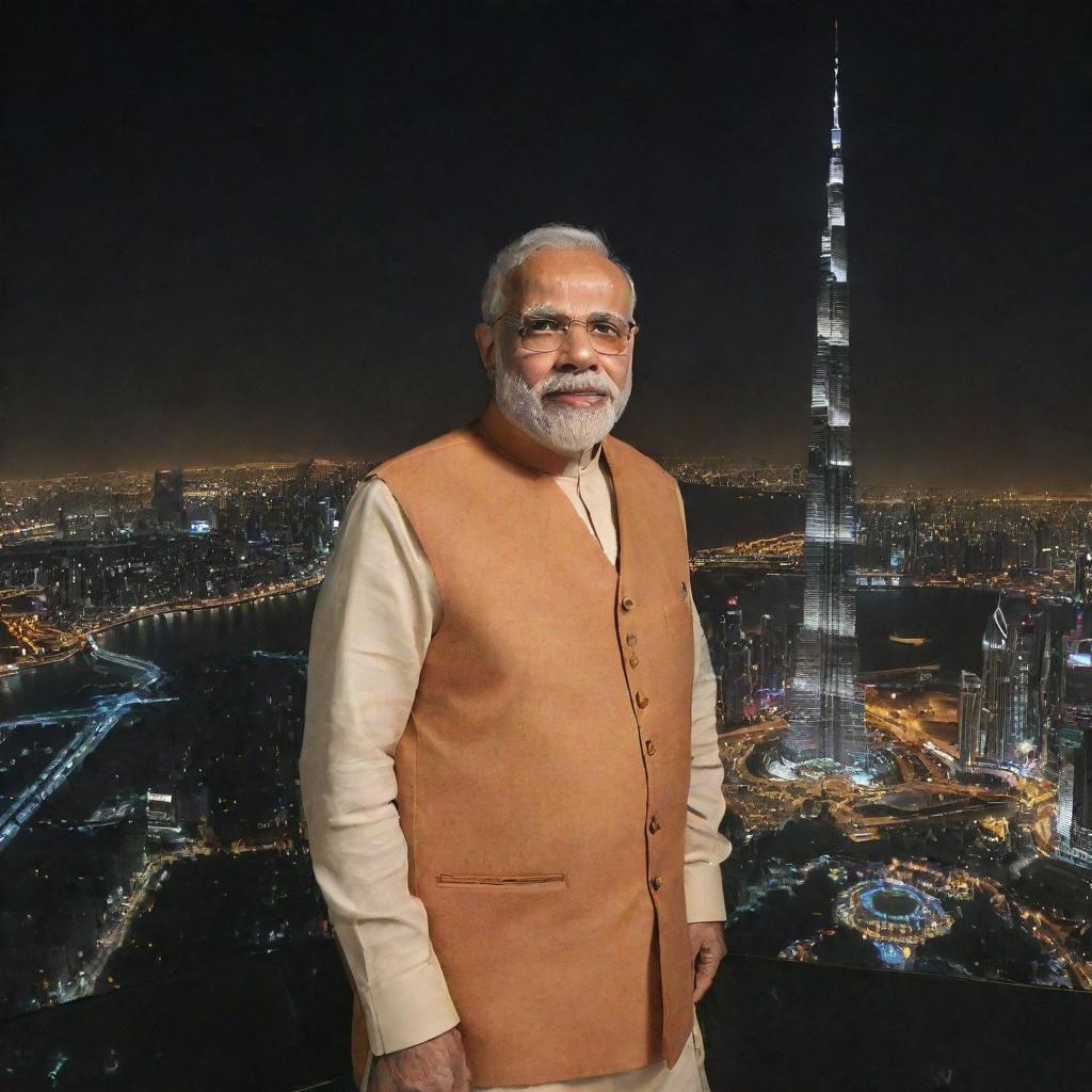 Narendra Modi depicted respectfully on Burj Khalifa with night skyline as backdrop