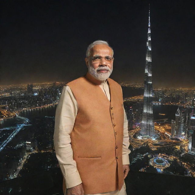 Narendra Modi depicted respectfully on Burj Khalifa with night skyline as backdrop