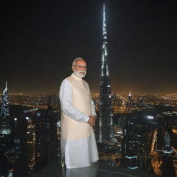 Narendra Modi depicted respectfully on Burj Khalifa with night skyline as backdrop