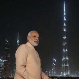 Narendra Modi depicted respectfully on Burj Khalifa with night skyline as backdrop