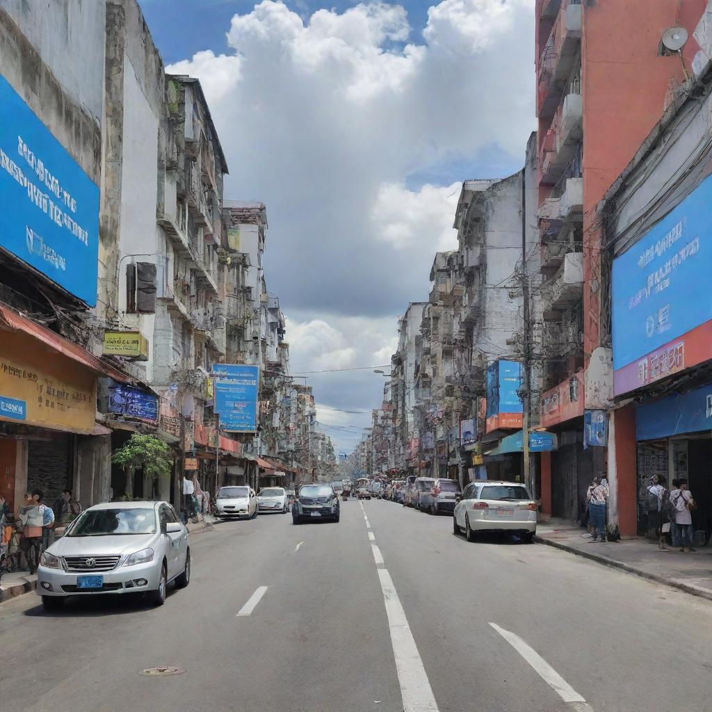 Create a poster visualizing the slogan 'From the Streets to the Cloud: DICTM, Empowering the PNP with Tech-Driven Solutions for a Safer Bagong Pilipinas', highlighting the juxtaposition of an urban street scene transitioning into a high-tech cloud-based platform.